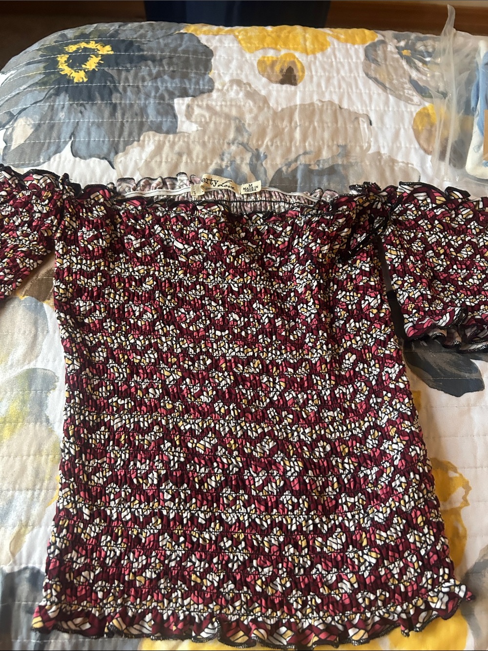 Liberty Love Burgundy Floral Smocked Off-Shoulder Crop Top
